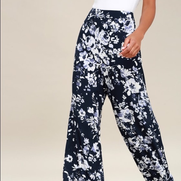 Lulus Pants - Lulus Navy Blue Floral Wide Leg Pants